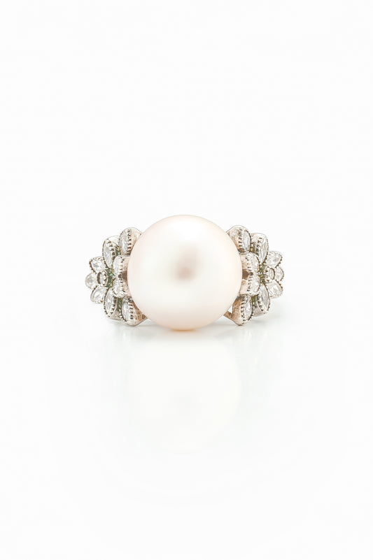 Pearl Ring with Floral Diamond Sides