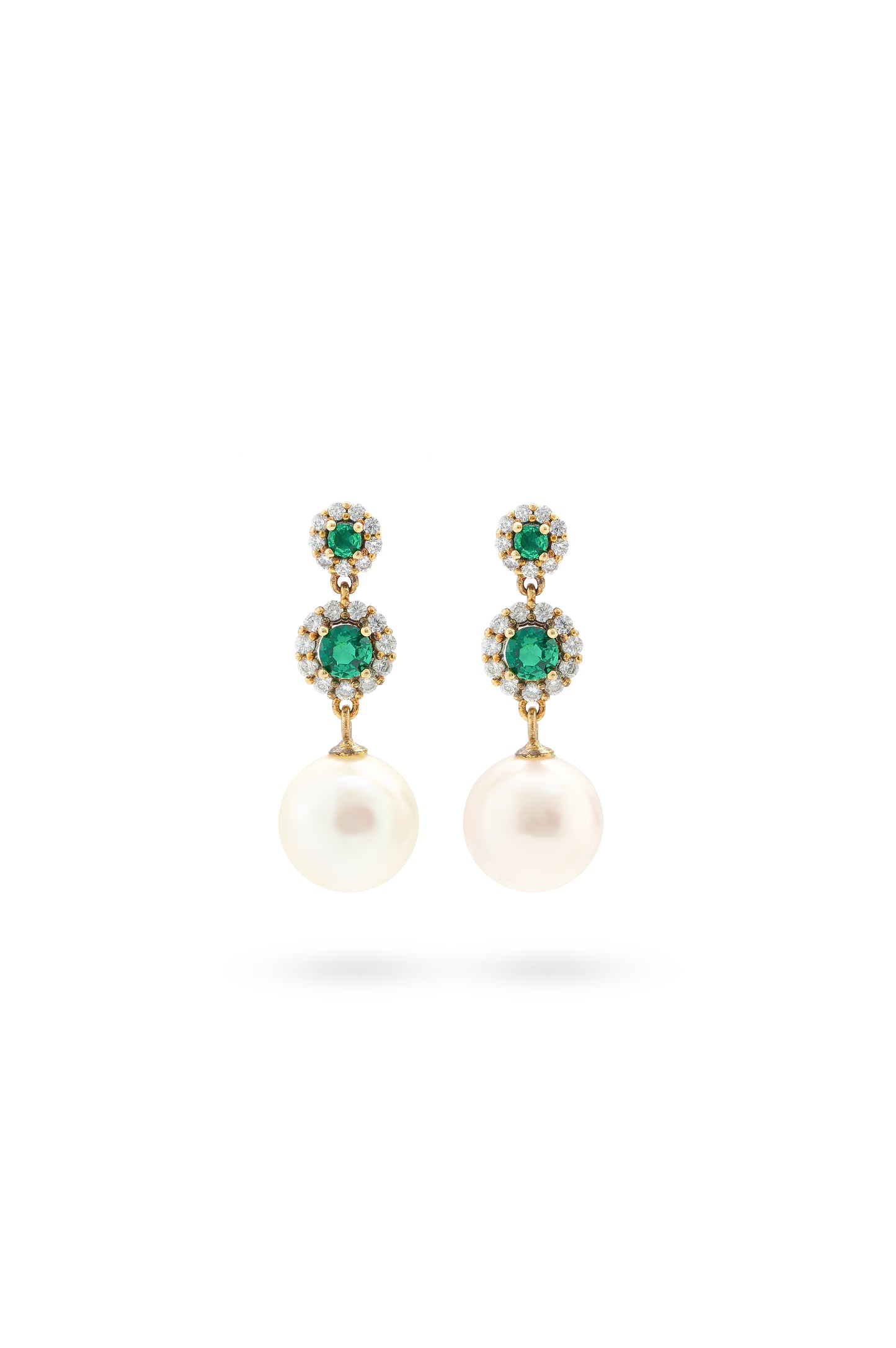 Pearl Earrings with Dual Emerald-Colored Tops