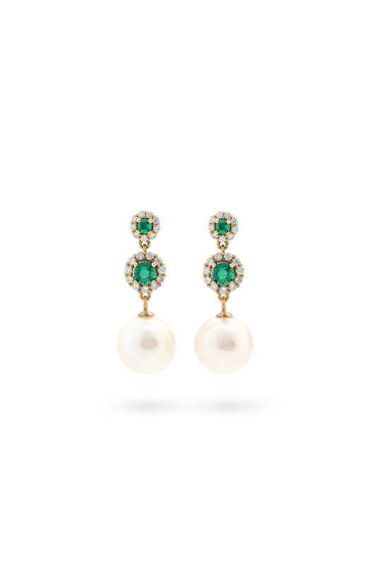 Pearl Earrings with Dual Emerald-Colored Tops