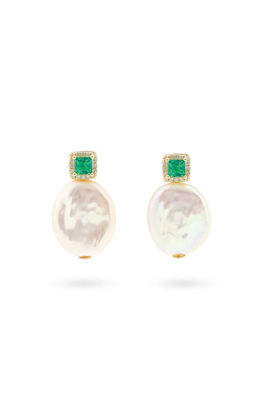 Baroque Pearl Earrings with Green Gem Tops