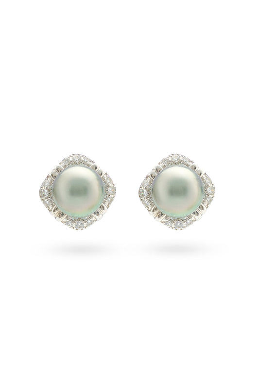 Cushion Pearl Studs with Crystal Surround